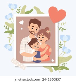 Happy family card. Photo portrait of bearded man hugging his beautiful brunette wife and son. Holiday photo frame with soft blue flowers and heart. Vector illustration.