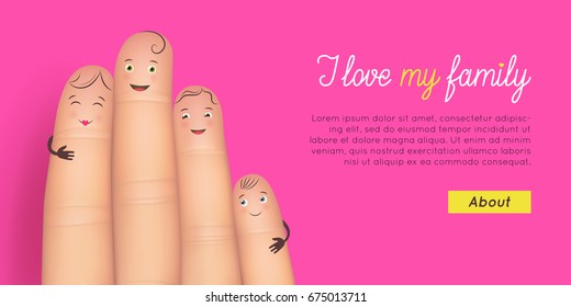 Happy family card. Realistic funny fingers with faces together. Inspirational and heartwarming poster. Flat style vector illustration pink background