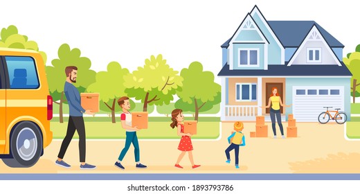 Happy family with cardboard boxes in new house at moving day. Home sweet home. Welcome to new home concept. Vector Cartoon illustration.