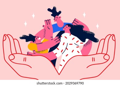 Happy family and care concept. Human hands holding smiling happy family mother daughter and father embracing each other meaning care and love vector illustration 