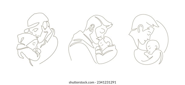 Happy family caring father hug kiss son baby newborn boy continuous line art logo set vector illustration. Gentle daddy and cute little kid child embracing love tenderness minimal icon Father's Day