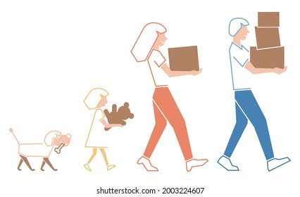 Happy family carrying boxes on moving day. Parents, a girl and a dog walk in a row one after the other. The parents carry boxes, the girl holds a teddy bear and the dog holds a bone.