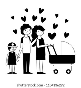 happy family with cart baby and hearts icon