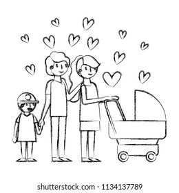 happy family with cart baby and hearts icon