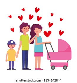 happy family with cart baby and hearts icon