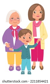 Happy family. Cartoon boy standing together with mother and grandma. Relatives group portrait. Young and senior women. Parents and children. People relationship. Vector