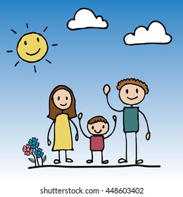 Happy of family cartoon character , Doodle hand drawing style