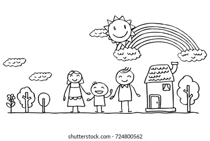 Happy of family cartoon character , Doodle hand drawing style