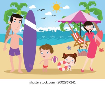 Happy family cartoon character enjoying summer holiday and smiling on the beach