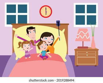 Happy family cartoon character taking selfie photo together in the bedroom at home