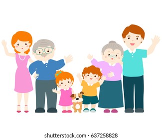 Happy family cartoon character vector illustration,
father mother daughter son grandfather grandmother and dog.