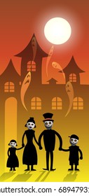 Happy family cartoon illustration in halloween night party with castle background, Vector design in vertical layout