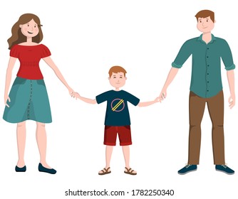 Happy family in cartoon style. Mother, father and son holding hands.