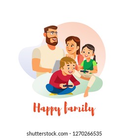 Happy Family Cartoon Vector Concept with Parents Spending Time Together with Kids. Father and Mother Using Laptop, Son and Daughter Holding Gamepad, Playing Video Games. Digital Entertainments at Home