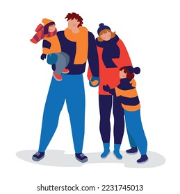 Happy family, cartoon vector illustration isolated on white background. Family portrait of father, mother, children, son and daughter in winter clothes, 