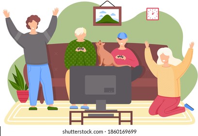 Happy family with cat playing game on the console. Joint pastime at the weekend. Guy with gamepad in his hands. Girl looks at the screen in astonishment. Woman sits on knees and raises her hands