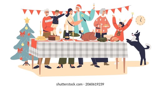 Happy family celebrate christmas gathering together at decorated table for holiday dinner. Grandparents, parents and kids on xmas eve or new year. Cartoon flat vector illustration