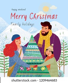 happy family celebrate Christmas and New Year with a view of the winter landscape and lead a round dance around the Christmas tree, an illustration of a father, mother and child on nature in the fores