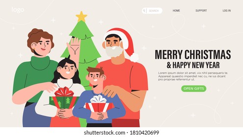 Happy family celebrate Christmas and New Year together with gifts and christmas tree. Winter holiday banner, landing page with smiling parents and childrent with presents. Man in Santa Claus costume.