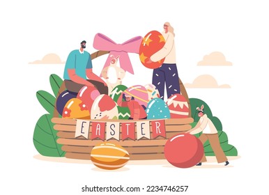 Happy Family Celebrate Easter Holidays. Dad, Mom and Children Wear Rabbit Ears Sitting in Huge Basket with Painted Eggs. Concept of Togetherness and Traditions. Cartoon People Vector Illustration