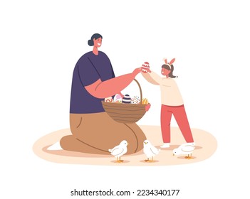 Happy Family Celebrate Easter. Mother with Basket Full of Painted Eggs Giving One to Child Girl Wear Rabbit Ears. Mom and Baby during Traditional Festive Event. Cartoon People Vector Illustration