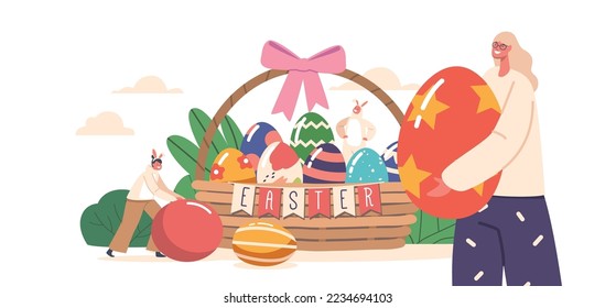 Happy Family Celebrate Easter. Mother with Children Girl and Boy Wear Rabbit Ears near Huge Basket Full of Painted Eggs. Traditional Festive Event. Cartoon People Vector Illustration