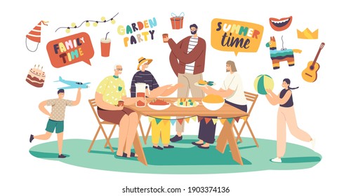 Happy Family Celebrate Garden Party. Male Or Female Characters Sitting At Table, Eating And Communicate, Joyful Children Playing At House Yard. Summer Holiday Relax. Cartoon People Vector Illustration