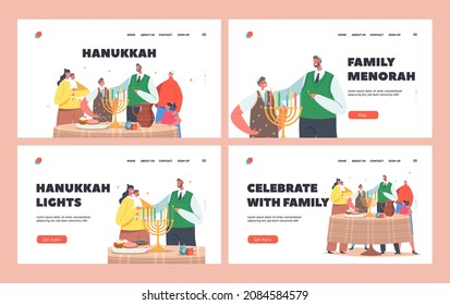 Happy Family Celebrate Hanukkah Holiday Landing Page Template Set. Jewish Festival of Lights. Parents, Grandparents and Children Wear Kippah Lighting Candles on Menorah. Cartoon Vector Illustration