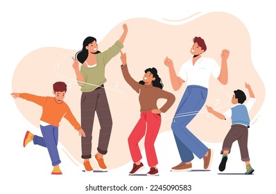 Happy Family Celebrate Home Party. Parents with Children Dance Isolated on White Background. Mom, Dad and Kids Characters Fun Sparetime, Leisure, Rejoice Together. Cartoon People Vector Illustration - Shutterstock ID 2245090583
