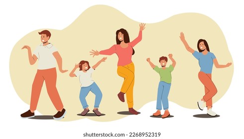 Happy Family Celebrate Home Party. Parents with Children Dance Isolated on White Background. Mom, Dad and Kids Characters Fun Sparetime, Leisure, Rejoice Together. Cartoon People Vector Illustration