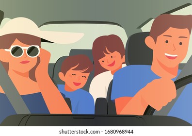 Happy family celebrate international day of families illustration background. Concept of family in the car is on a vacation trip.