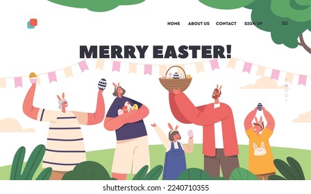 Happy Family Celebrate Merry Easter Landing Page Template. Parents, Granny and Children Wear Rabbit Ears Holding Baskets with Painted Eggs at Green Spring Field. Cartoon People Vector Illustration