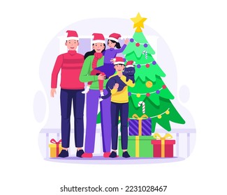 Happy Family celebrates Christmas and New Year near the Christmas tree with gifts. Merry Christmas and Happy New Year. Vector illustration in flat style