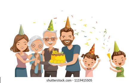 Happy family celebrates grandmother's birthday. Be surprised with the cake and the party. Love the relationship of the loving family. Happy time. Cartoon vector illustration isolated white background