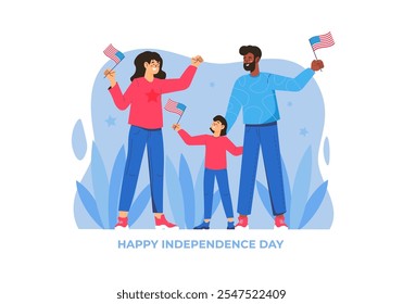 A happy family celebrates Independence Day, holding flags and smiling together amidst a colorful background. Vector illustration