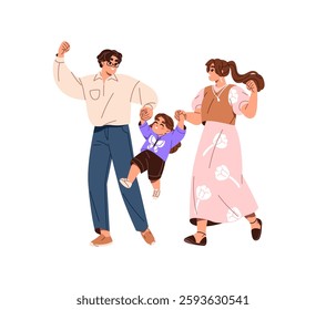 Happy family celebrates success, Birthday together. Parents and kid rejoice, love each other. Mother, father and child hold hands, have fun. Flat isolated vector illustration on white background