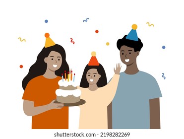 Happy Family Celebrating Birthday With Colorful Confetti Background. Smiling Woman Holding Birthday Cake. Leisure, Holiday Celebration, Party Concept. Flat Vector Cartoon People Design Illustration.