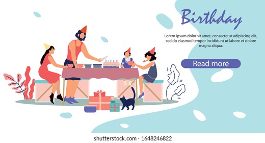 Happy Family Celebrating Birthday Holiday. Mother with Kids Sitting at Table Drinking Tea, Father Cutting Cake at Home with Cat and Heap of Gifts. Cartoon Flat Vector Illustration, Horizontal Banner