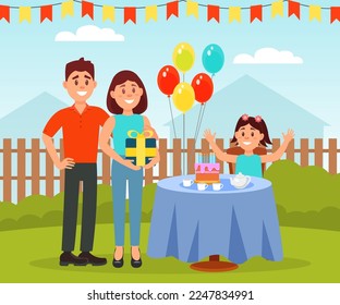 Happy family celebrating birthday outdoors. Parent and kid having good time outdoors cartoon vector