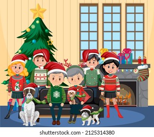 Happy family celebrating Christmas at home illustration