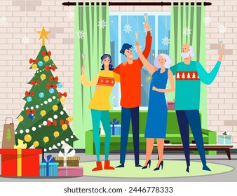 Happy family celebrating Christmas at home. Young and senior couples toasting Champagne flat vector illustration. Christmas tree and presents on background. New Year, Xmas, party, holiday concept