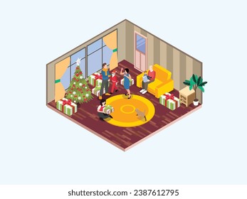 Happy family celebrating Christmas isometric 3d vector illustration concept for banner, website, landing page, flyer, greeting card, etc