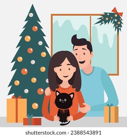 Happy family celebrating Christmas. Love couple with black cat with bow. Christmas tree, gift box presents, fir tree decoration. Window with snow. Flat design. White background. Vector illustration