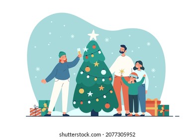 Happy family celebrating christmas near tree. People spending time together outdoor with gifts and sparklers. New year and winter holidays concept. Modern flat vector illustration