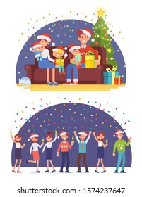 Happy family celebrating Christmas and New at home. Joyful family sitting near the New Year tree. New Year's corporate party. Group of business people celebrating Christmas. Flat vector set