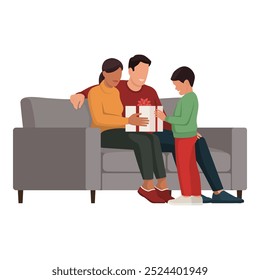 Happy family celebrating Christmas together, the parents are giving a gift to their son, isolated