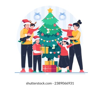 Happy Family Celebrating Christmas With a Christmas Tree and Gifts. Merry Christmas and Happy New Year Concept Illustration