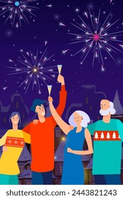Happy family celebrating Christmas. Young and senior couples toasting Champagne vector illustration. Fireworks in night sky. New Year, Xmas, party, holiday concept