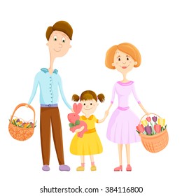 Happy family celebrating Easter. Vector illustration. Father holds basket with traditional color eggs, mother holds basket with tulips, daughter holds bunny. Happy family Easter celebration.