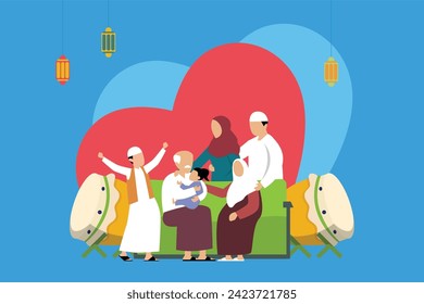 Happy family celebrating Eid-al-fitr flat 2d vector illustration